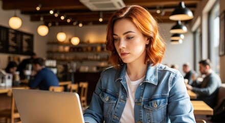 A young woman with red hair working on a laptop in a cozy cafe.