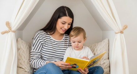 A woman and a child sitting in a cozy, white tent with curtains, reading a book together.