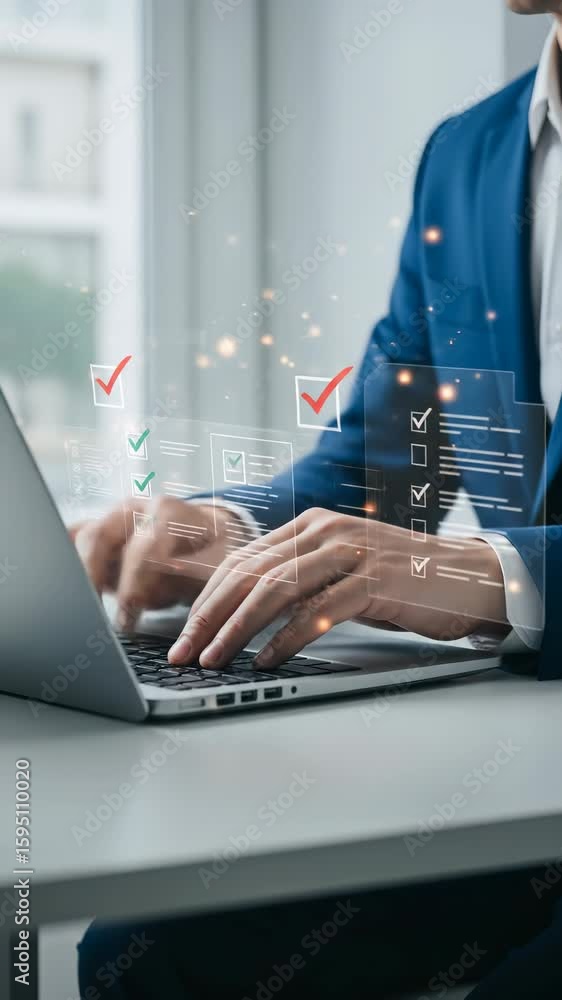 Poster online checklist: business man in blue suit completes digital tasks with glowing validation markers 