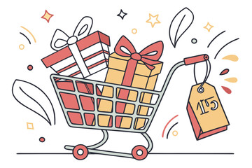 Shopping Cart Filled With Gifts and Price Tag.