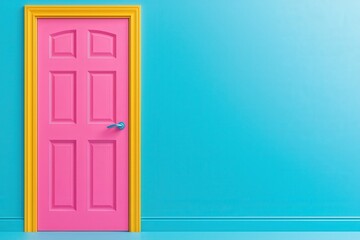 A vibrant pink door with yellow trim set against a bright turquoise wall, creating a bold and colorful contrast in a minimalist interior.