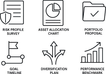 out stroke icon risk profile survey asset allocation chart portfolio proposal goal time diversification plan performance benchmark mono icons style isolated