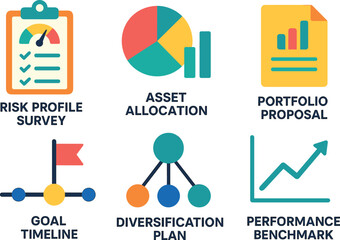 si objects risk profile survey asset allocation chart portfolio proposal goal time diversification plan performance benchmark solid color icon out vector fills palette minimal isolated