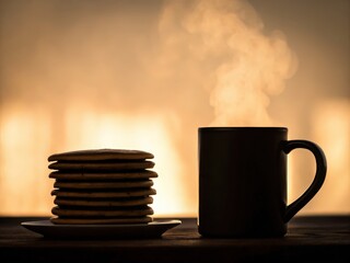 A steaming hot beverage in a black mug beside a stack of pancakes on a plate, set against a warm, softly lit background.
