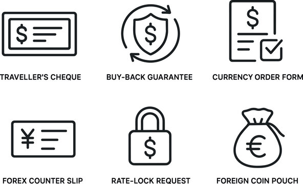 out stroke icon traveller s cheque service buy back guarantee currency order form fore counter slip rate lock request foreign coin pouch mono icons style isolated
