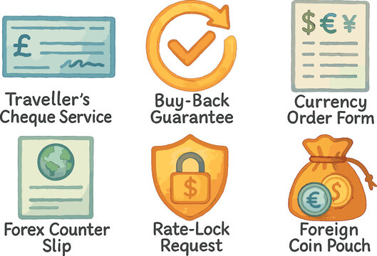watercolor icon traveller s cheque service buy back guarantee currency order form fore counter slip rate lock request foreign coin pouch paint colo isolated