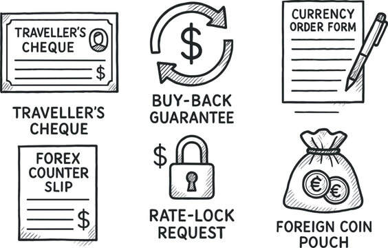 hand drawn icon traveller s cheque service buy back guarantee currency order form fore counter slip rate lock request foreign coin pouch sketch drawing style icons style isolated