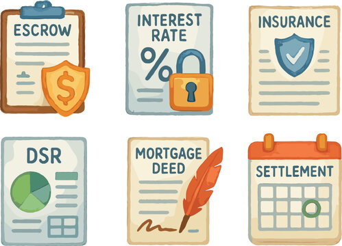 watercolor icon escrow account setup interest lock agreement insurance verification debt service ratio sheet mortgage deed draft settlement date schedule paint colo isolated