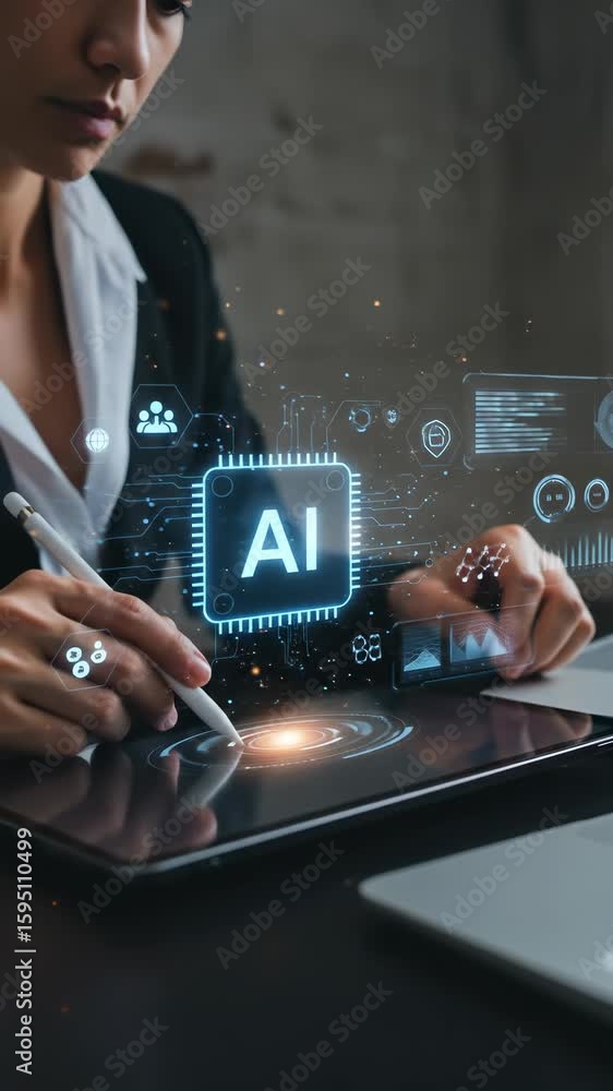 Poster ai innovation: businesswoman analyzing data with artificial intelligence interface on tablet for fut