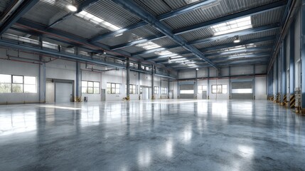 Empty industrial warehouse interior with polished concrete floor.