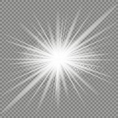 White glowing light burst explosion with transparent. Vector illustration for cool effect decoration with ray sparkles. Bright star. Transparent shine gradient glitter, bright flare. Glare texture.