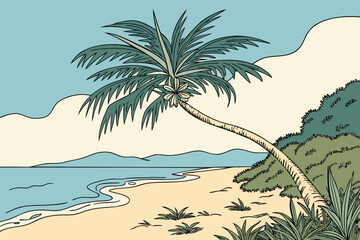 Tropical Beach with Leaning Palm Tree.