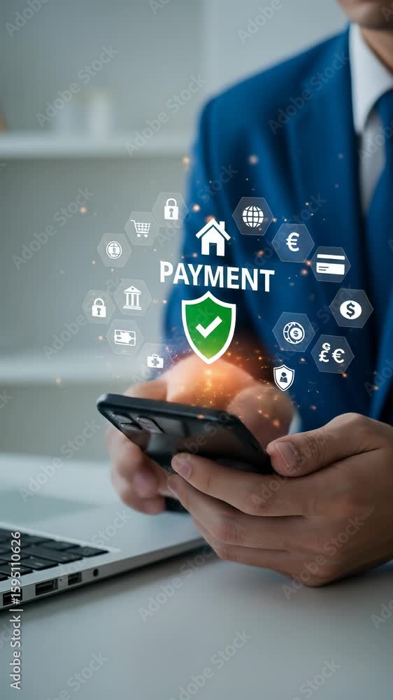Poster secure online payment on mobile: man in suit ensures safe transactions with encryption and digital w