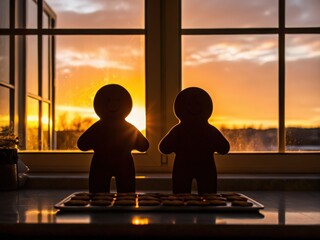 Two gingerbread cookies stand on a tray by a window, silhouetted against a warm, glowing sunset sky.