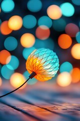 A close-up of a glowing paper lantern with blue and orange bokeh lights in the background creating a warm, festive atmosphere.
