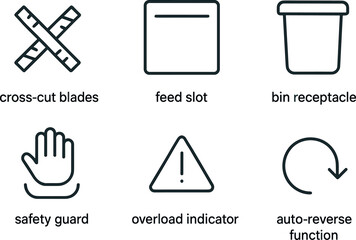 out stroke icon cross cut blades feed slot bin receptacle safety guard overload indicator auto reverse function mono icons style isolated