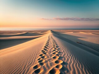 Footprints trail across vast sand dunes under a serene sunset, capturing the beauty and solitude of the desert landscape.