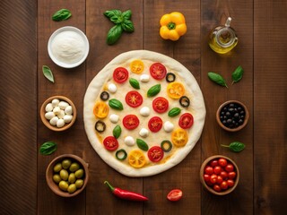 Uncooked pizza topped with tomatoes, olives, mozzarella, and basil, surrounded by fresh ingredients and olive oil on a wooden table.