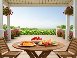 A wooden patio table with plates of fresh fruit, surrounded by chairs, overlooking a lush garden under a clear sky.