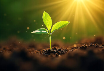 Young green sprout growing in rich soil under bright sunlight isolated on a transparent background