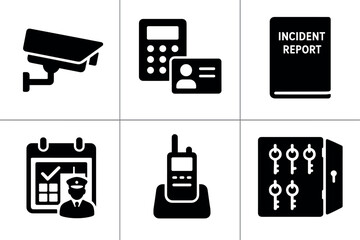 solid icon CCTV control panel access card reader log incident report binder guard rotation schedule two way radio charger key control cabinet isolated