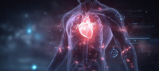 Futuristic Medical Diagram of Male Body with Semi-Transparent Chest and Neon Glowing Heart, Sci-Fi Cyber-Medical Style, Minimal Anatomical Lines, Dark Background with Bottom Copy Space
