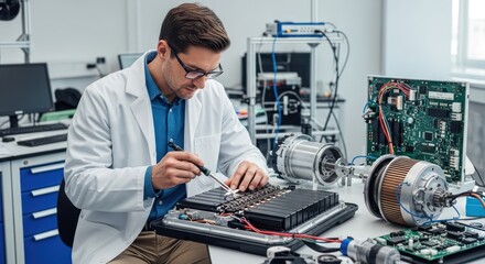 A man in a lab coat working on a circuit board in a laboratory.