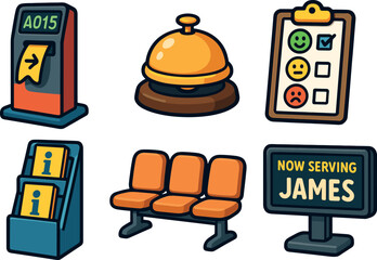 icons queuing ticket machine service counter bell feedback form clipboard information pamphlet rack waiting area chairs customer name display screen style isolated