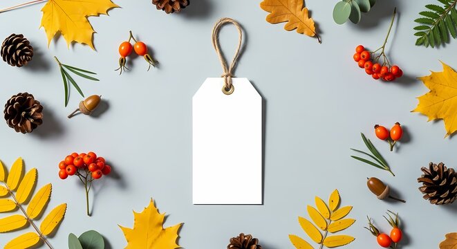 Autumn leaves and blank tag on blue background