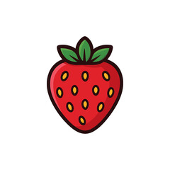 Obraz premium Flat Vector Red Strawberry with Seeds and Green Leaves on Transparent Background