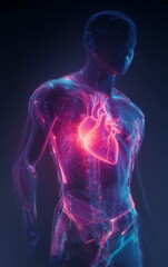 Futuristic Medical Diagram of Male Body with Semi-Transparent Chest and Neon Glowing Heart, Sci-Fi Cyber-Medical Style, Minimal Anatomical Lines, Dark Background with Bottom Copy Space

