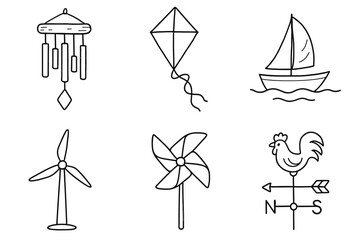 hand drawn cute doodle style isolated wind chimes kite sailboat wind turbine pinwheel weather vane