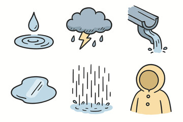 hand drawn cute doodle style isolated raindrop ripple storm cloud rain gutter puddle reflection downpour torrent raincoat hood