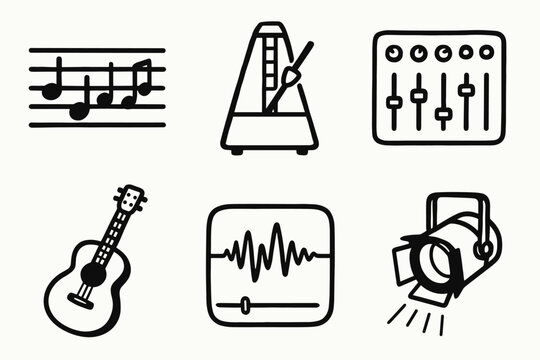 hand drawn cute doodle style isolated musical score metronome tick miing console acoustic guitar vocal track stage spot