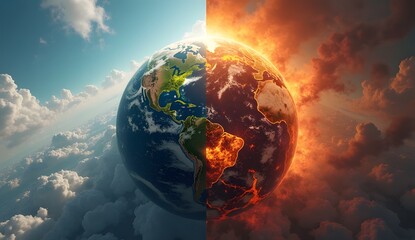 Naklejka premium Earth Split Between a Healthy Environment and Global Warming