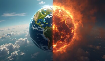 Fototapeta premium Earth Split Between a Healthy Environment and Global Warming