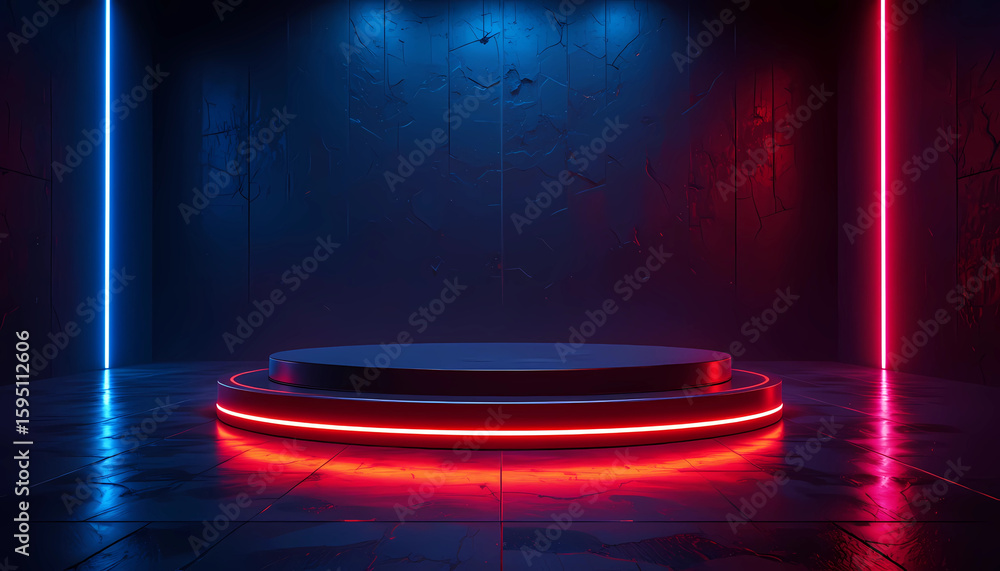 Poster illuminated stage with neon lights and dark background for product presentation and display space