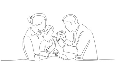 Continuous one line drawing of pediatrician examining little child patient’s throat, pediatric check up with parental support concept, single line art.