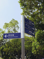 A closeup image of the signboards that indicate the directions of each facility in the public sports park.