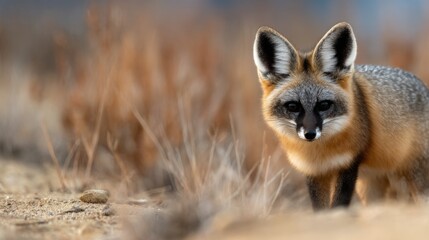 Bat-eared fox traversing a grassy savannah, showcasing its unique ears and sleek fur, surrounded by an open, minimalist landscape, embodying the essence of wilderness.
