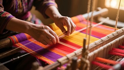 Craftsperson Weaving Colorful Fabric on Loom