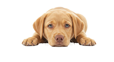 Fox red labrador. Adorable Yellow Puppy Lying Down on White Background Looking Up with Blue Eyes