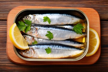 Open can of sardines with lemon and parsley on wooden board
