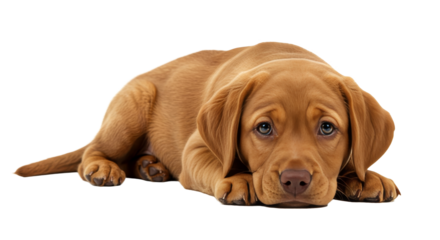 Fox red labrador. Lying Cute Puppy with Golden Brown Fur on White Background