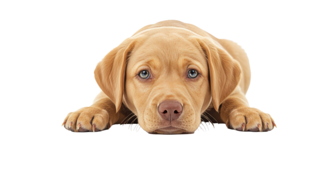 Fox red labrador. Adorable Yellow Puppy Lying Down on White Background Looking Up with Blue Eyes