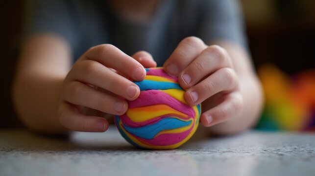 Child's hands hold vibrant colorful ball