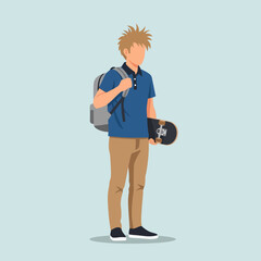 Stylish Student with Backpack and Skateboard Wearing Blue Shirt and Khaki Pants