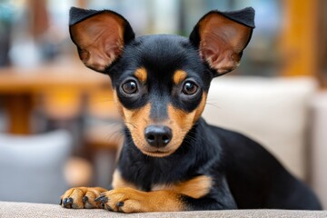 Cute prague ratter puppy resting on sofa, portrait of adorable pet dog