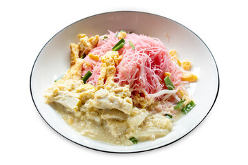 Top view of Stir fried Noodle with Yentafo sauce Preserved soy bean dip topping, focus selective