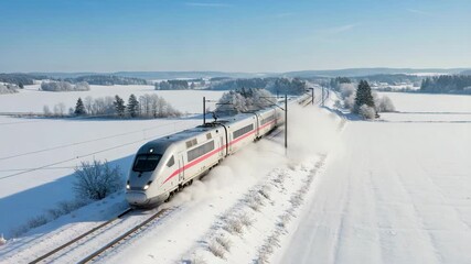 High-speed train traveling through snowy landscape on bright winter day - Powered by Adobe